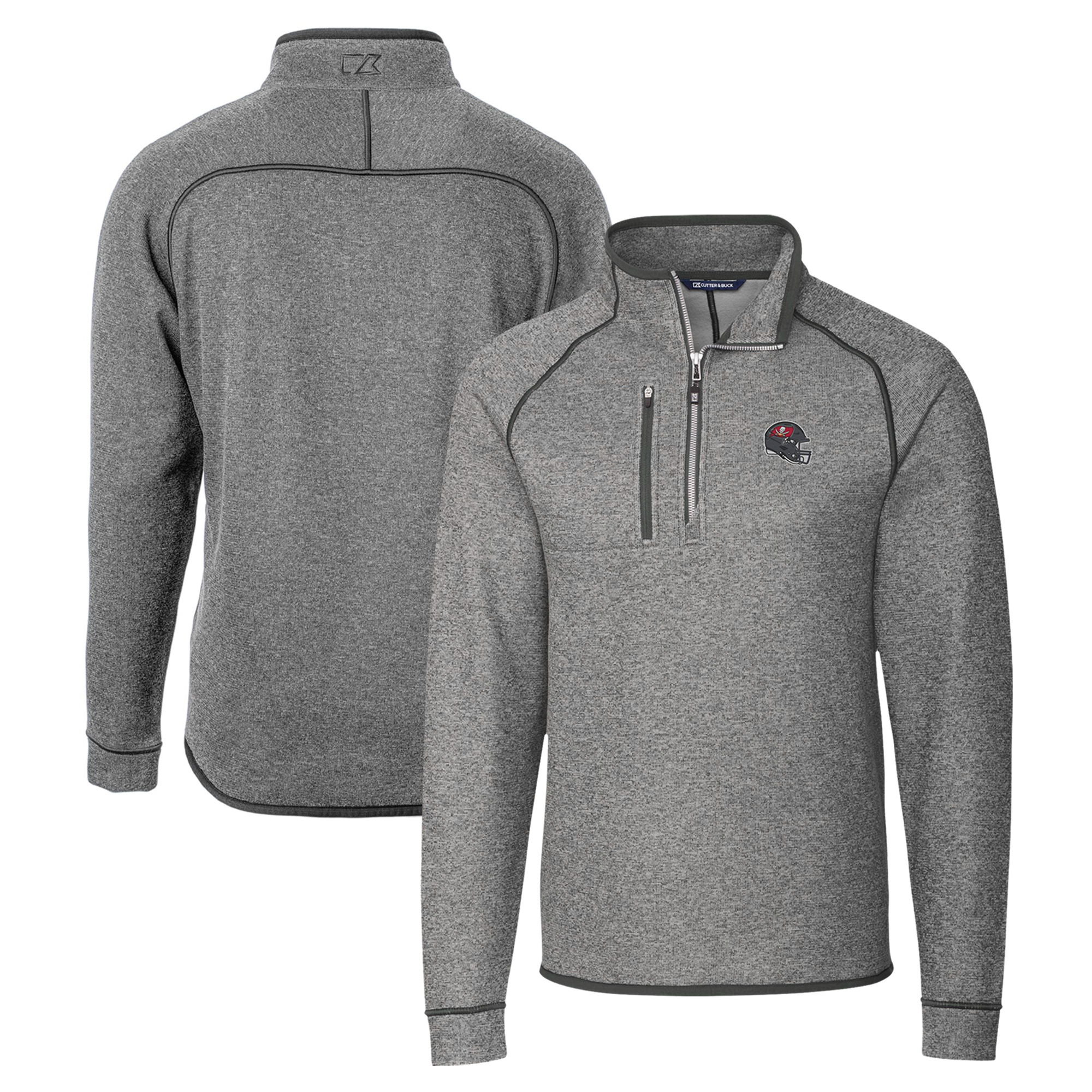 Men's Cutter & Buck Silver Tampa Bay Buccaneers Helmet Mainsail Sweater-Knit Half-Zip Pullover Jacket