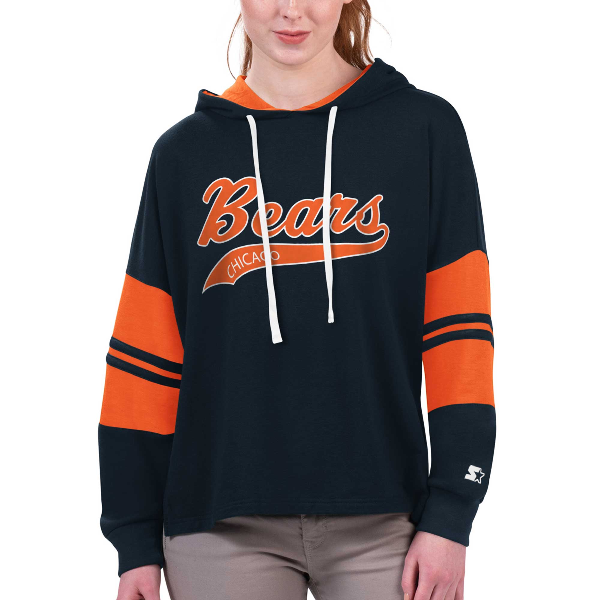 Women's Starter Navy Chicago Bears Bump And Run Long Sleeve Hoodie T-Shirt - Image 2