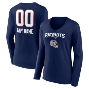 Women's Navy New England Patriots Personalized Name & Number Team Wordmark Long Sleeve V-Neck T-Shirt