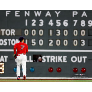 Masataka Yoshida Boston Red Sox Unsigned Red Jersey Green Monster Photograph