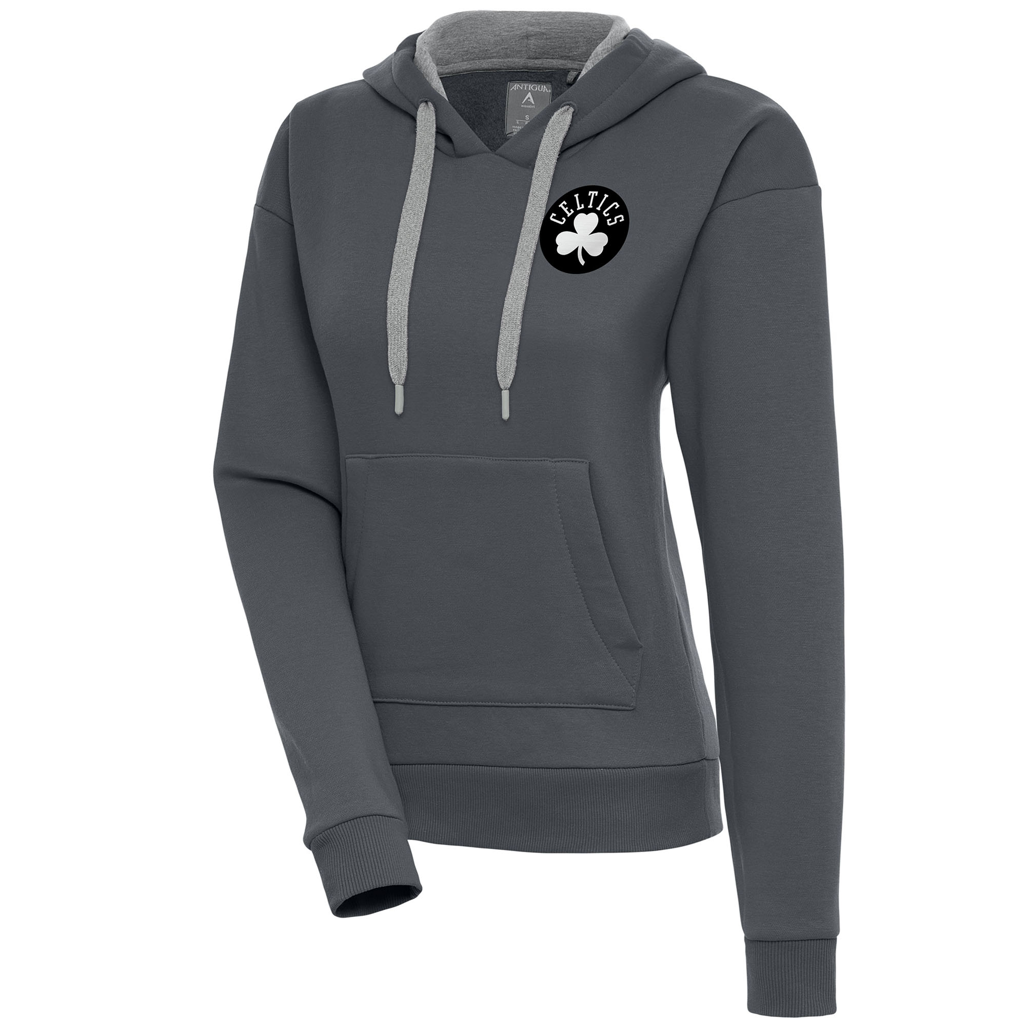 Women's Antigua Charcoal Boston Celtics Brushed Metallic Victory Pullover Hoodie