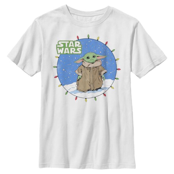 Youth Mad Engine Grogu White The Mandalorian Snow Lights Graphic T-Shirt