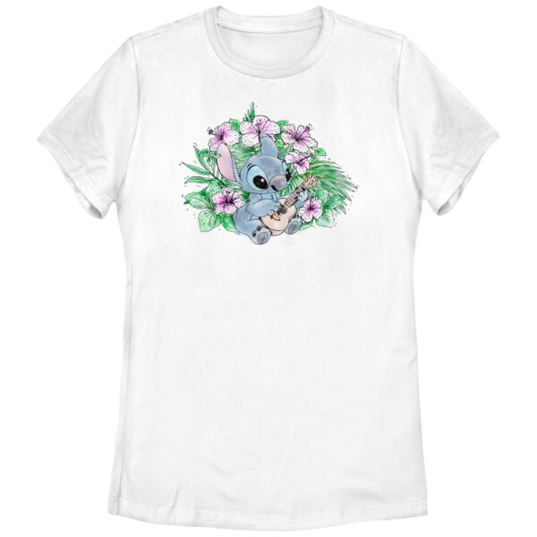 Women's Mad Engine Stitch White Lilo and Stitch Ukulele Sketch Graphic T-Shirt