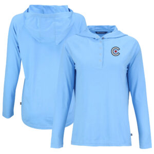 Women's Cutter & Buck Powder Blue Chicago Cubs City Connect Coastline Epic Comfort Eco Recycled Hoodie Raglan Long Sleeve T-Shirt