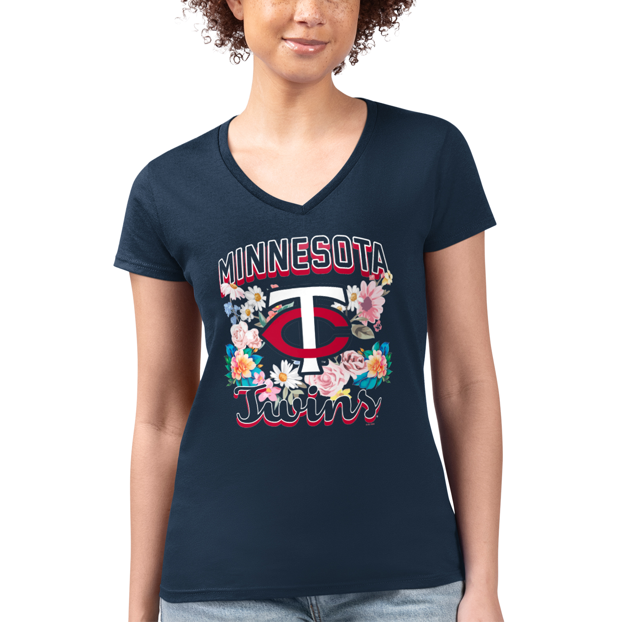 Women's G-III 4Her by Carl Banks Navy Minnesota Twins Flowers Graphic Fitted V-Neck T-Shirt