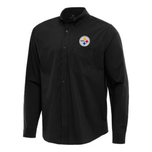 Men's Antigua Black Pittsburgh Steelers Flight Woven Tri-Blend Long Sleeve Button-Down Shirt