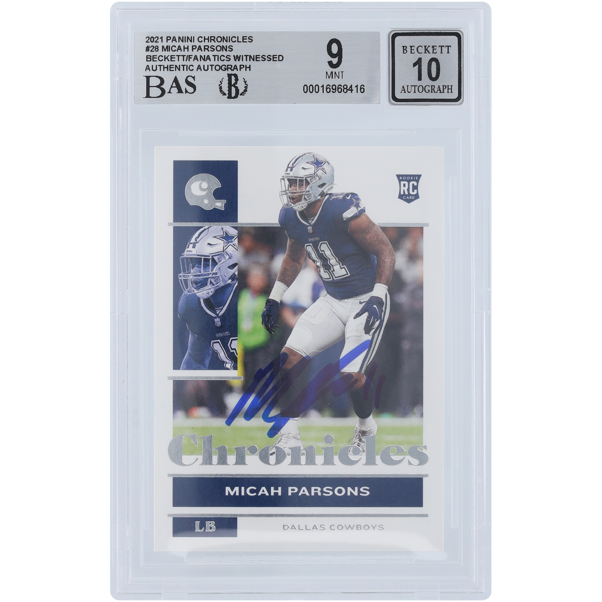 Micah Parsons Dallas Cowboys Autographed 2021 Panini Chronicles #28 Beckett Fanatics Witnessed Authenticated 9/10 Rookie Card