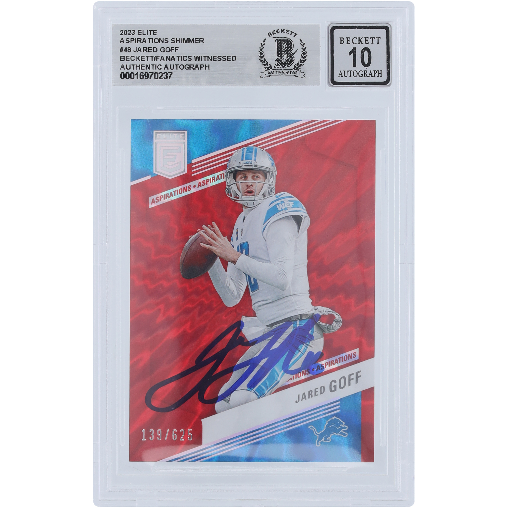 Jared Goff Detroit Lions Autographed 2023 Panini Donruss Elite Aspriration Shimmer #48 #/625 Beckett Fanatics Witnessed Authenticated 10 Card