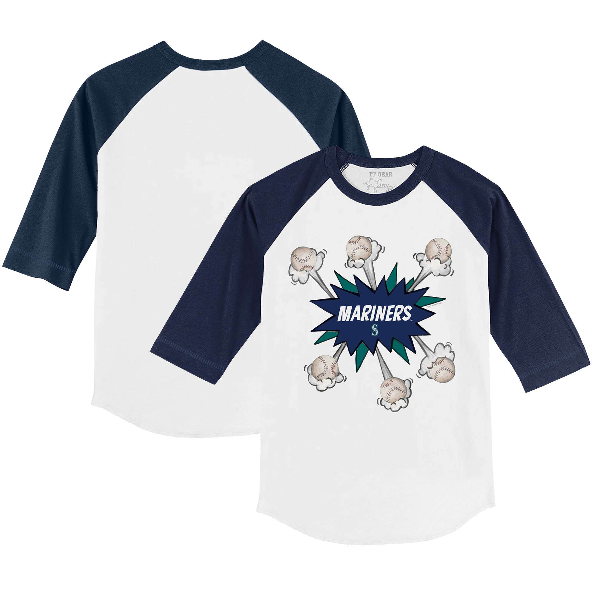 Infant Tiny Turnip White/Navy Seattle Mariners Baseball Pow Raglan 3/4 Sleeve T-Shirt