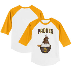 Youth Tiny Turnip White/Gold San Diego Padres Sundae Helmet 3/4-Sleeve Raglan T-Shirt