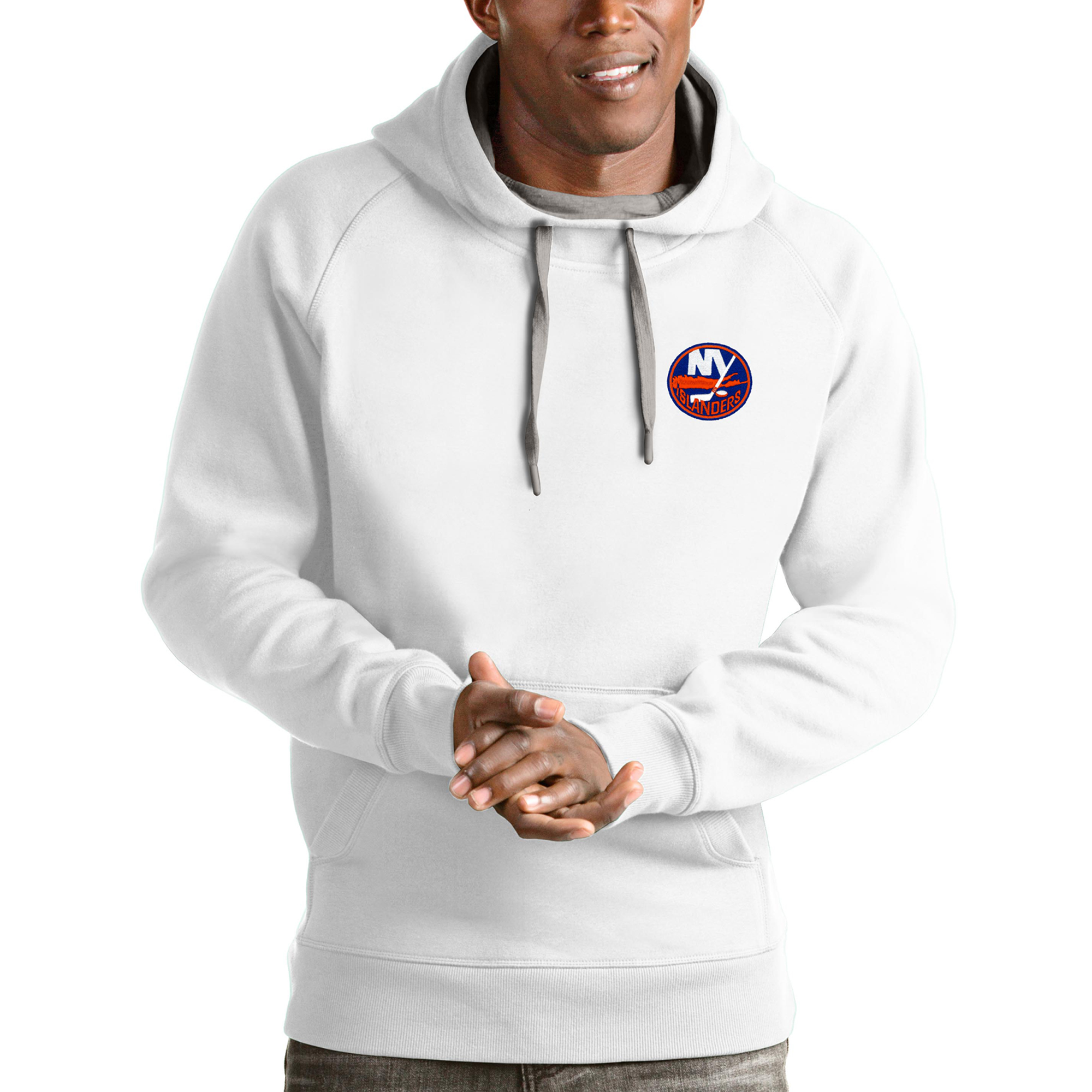 Men's Antigua White New York Islanders Victory Pullover Hoodie