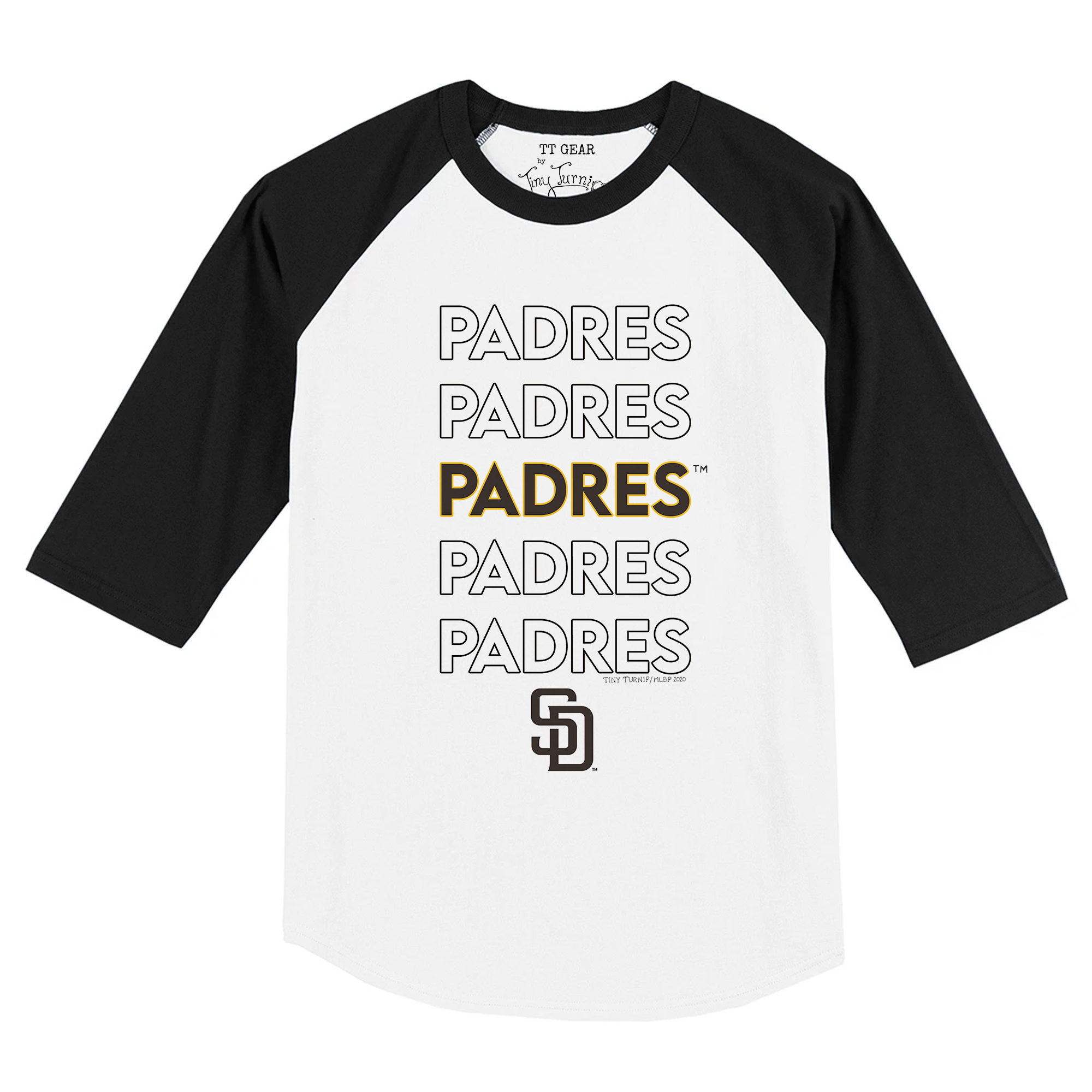 Toddler Tiny Turnip White/Black San Diego Padres Stacked Raglan 3/4 Sleeve T-Shirt