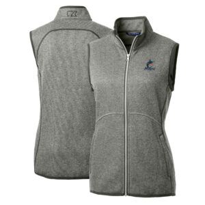 Women's Cutter & Buck Heathered Gray Miami Marlins Mainsail Sweater-Knit Full-Zip Vest