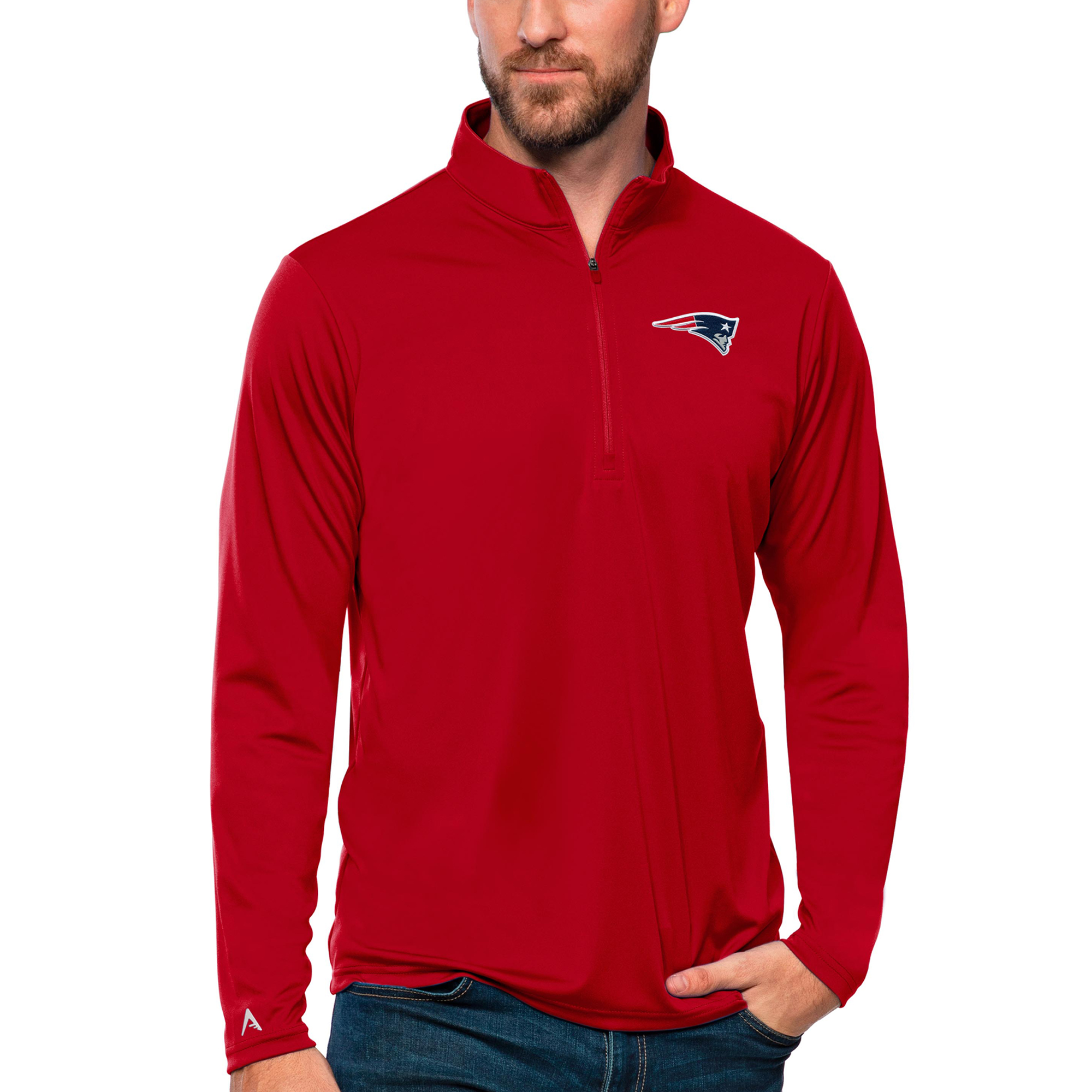 Men's Antigua Red New England Patriots Tribute Quarter-Zip Lightweight Pullover Top