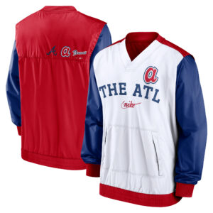Men's Nike White/Red Atlanta Braves Rewind Warmup V-Neck Pullover Jacket