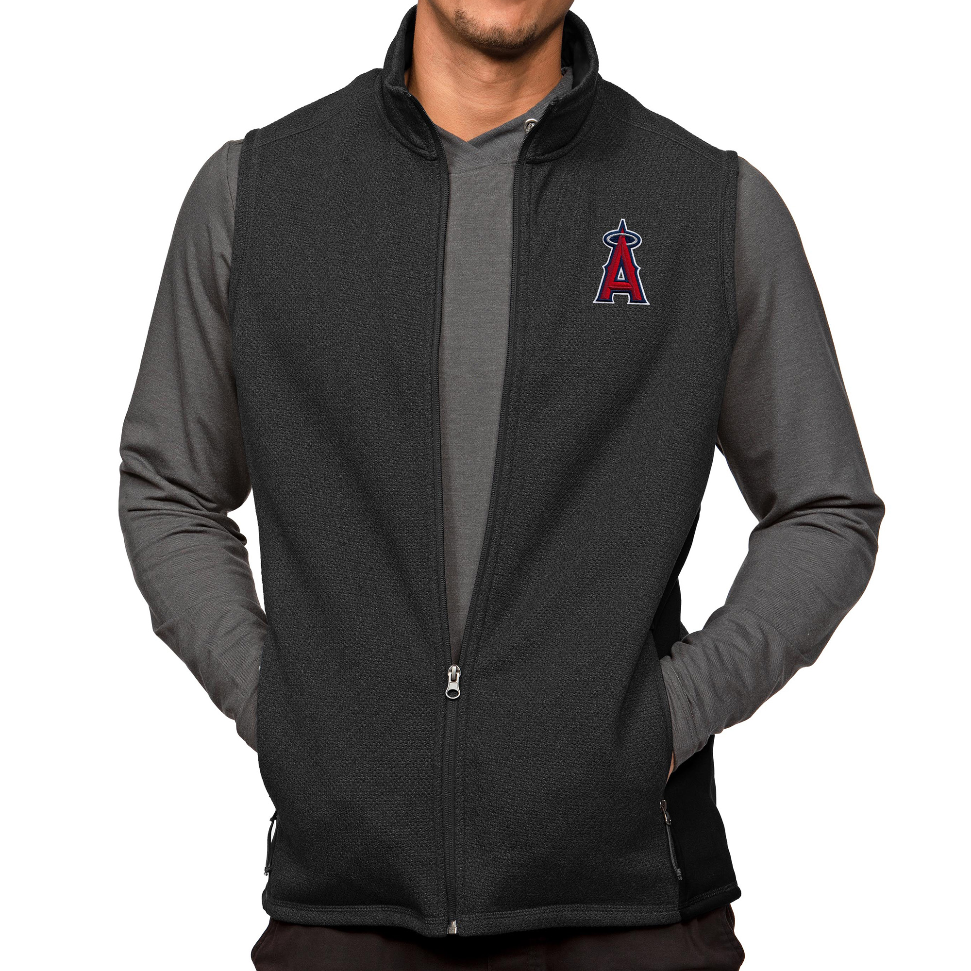 Men's Antigua Heathered Black Los Angeles Angels Course Full-Zip Vest