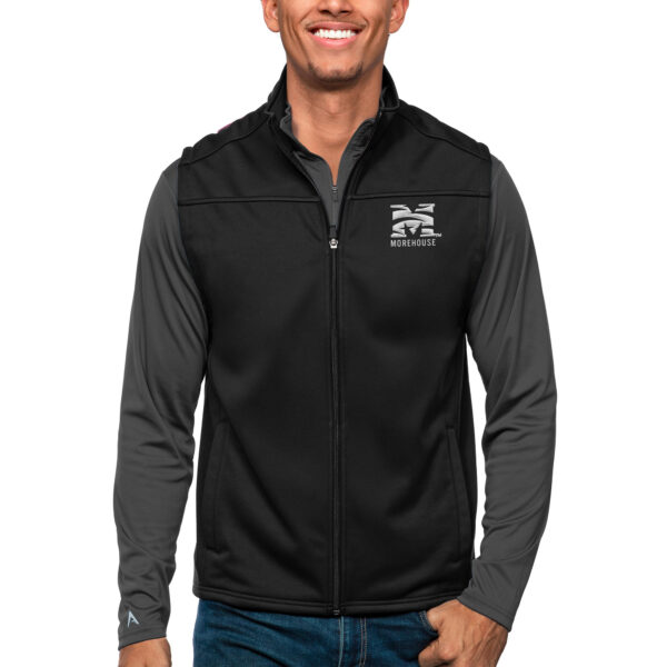 Men's Antigua Black Morehouse Maroon Tigers Links Full-Zip Golf Vest