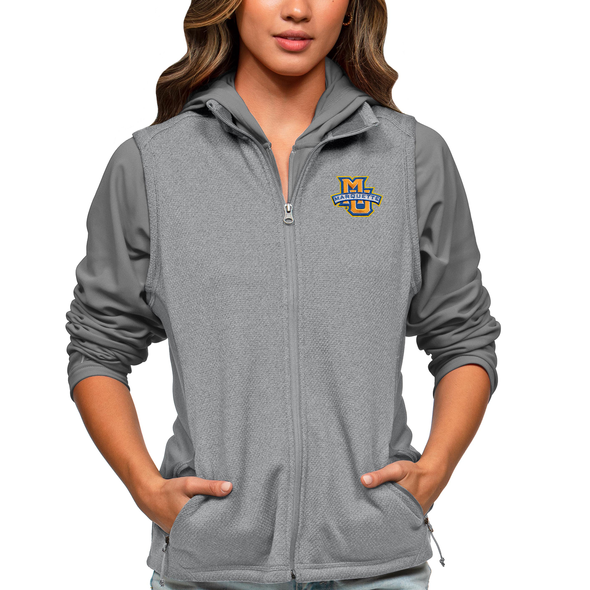 Women's Antigua Heather Gray Marquette Golden Eagles Course Full-Zip Vest