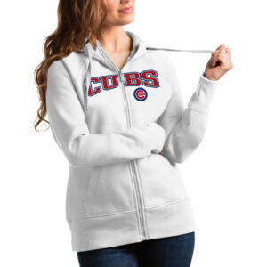 Women's Antigua White Chicago Cubs Team Logo Victory Full-Zip Hoodie