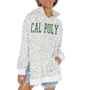 Women's Gameday Couture White Cal Poly Mustangs Home Team Advantage Leopard Print Oversized Side-Slit Pullover Hoodie