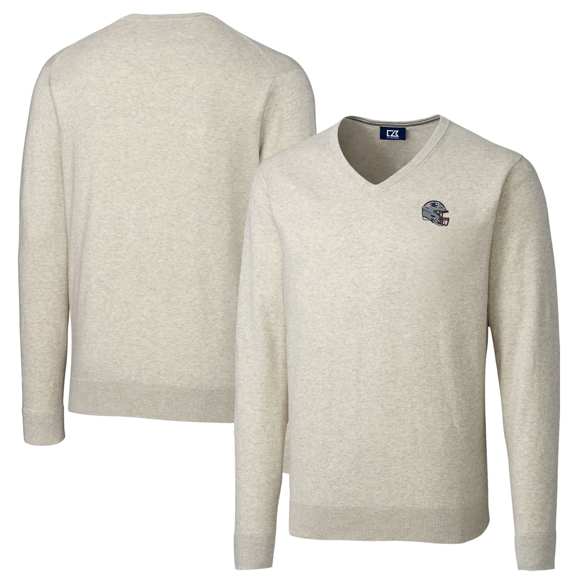 Men's Cutter & Buck Oatmeal New England Patriots Helmet Lakemont Tri-Blend V-Neck Pullover Sweater
