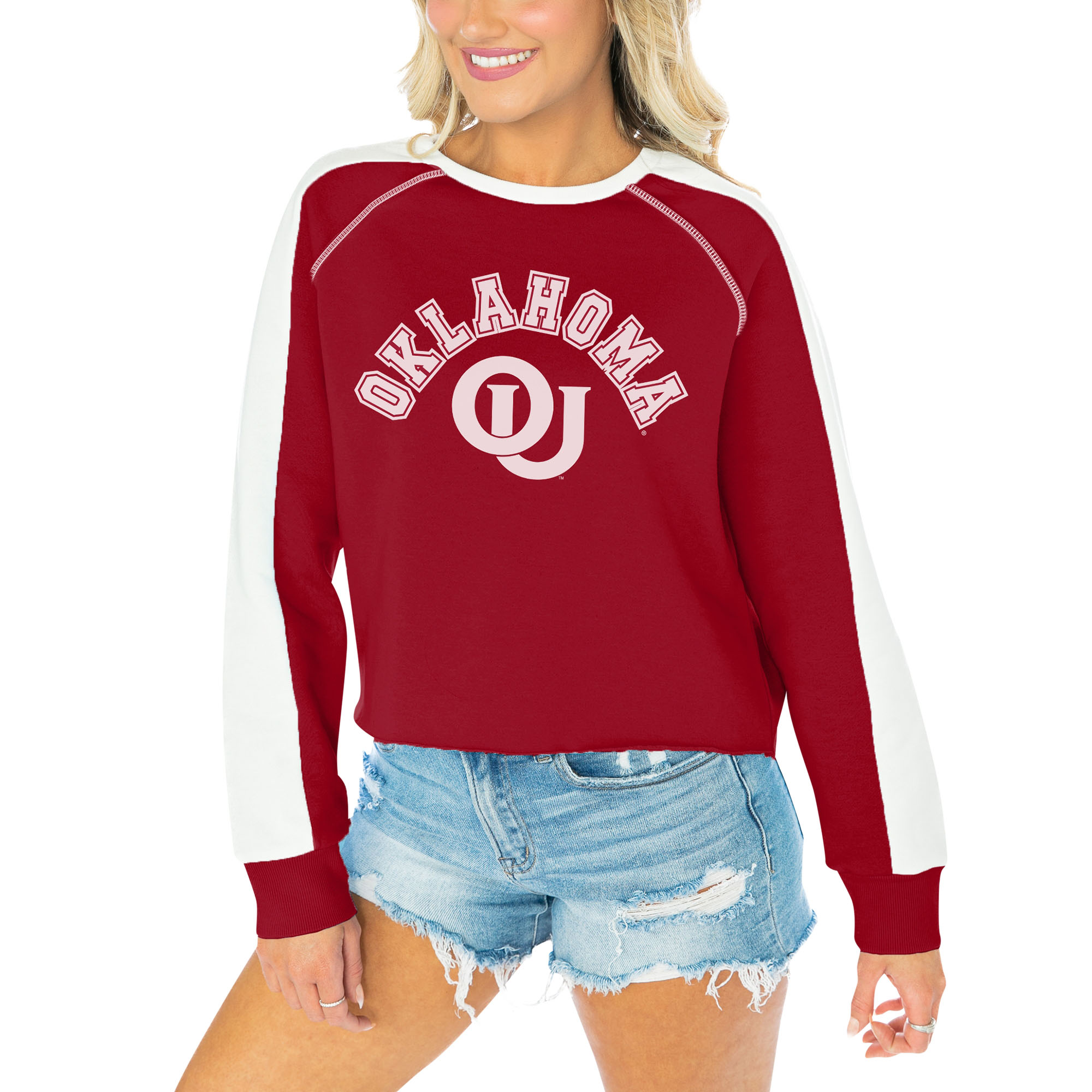 Women's Gameday Couture Crimson Oklahoma Sooners Blindside Raglan Cropped Pullover Sweatshirt - Image 2