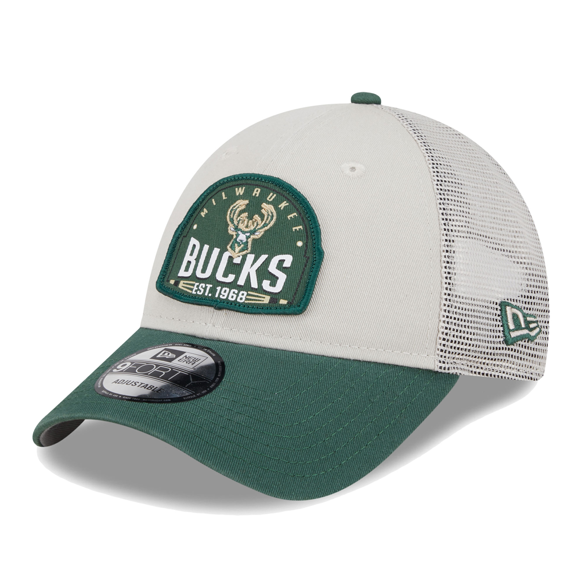 Men's New Era Khaki/Hunter Green Milwaukee Bucks Throwback Patch Trucker 9FORTY Adjustable Hat - Image 2