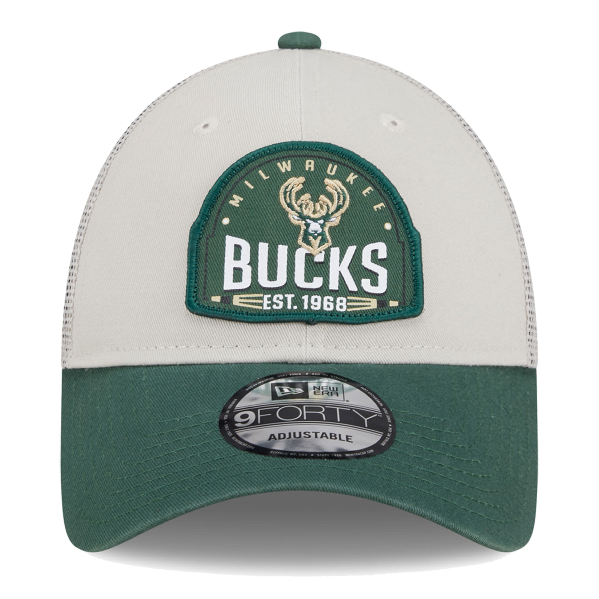 Men's New Era Khaki/Hunter Green Milwaukee Bucks Throwback Patch Trucker 9FORTY Adjustable Hat - Image 5