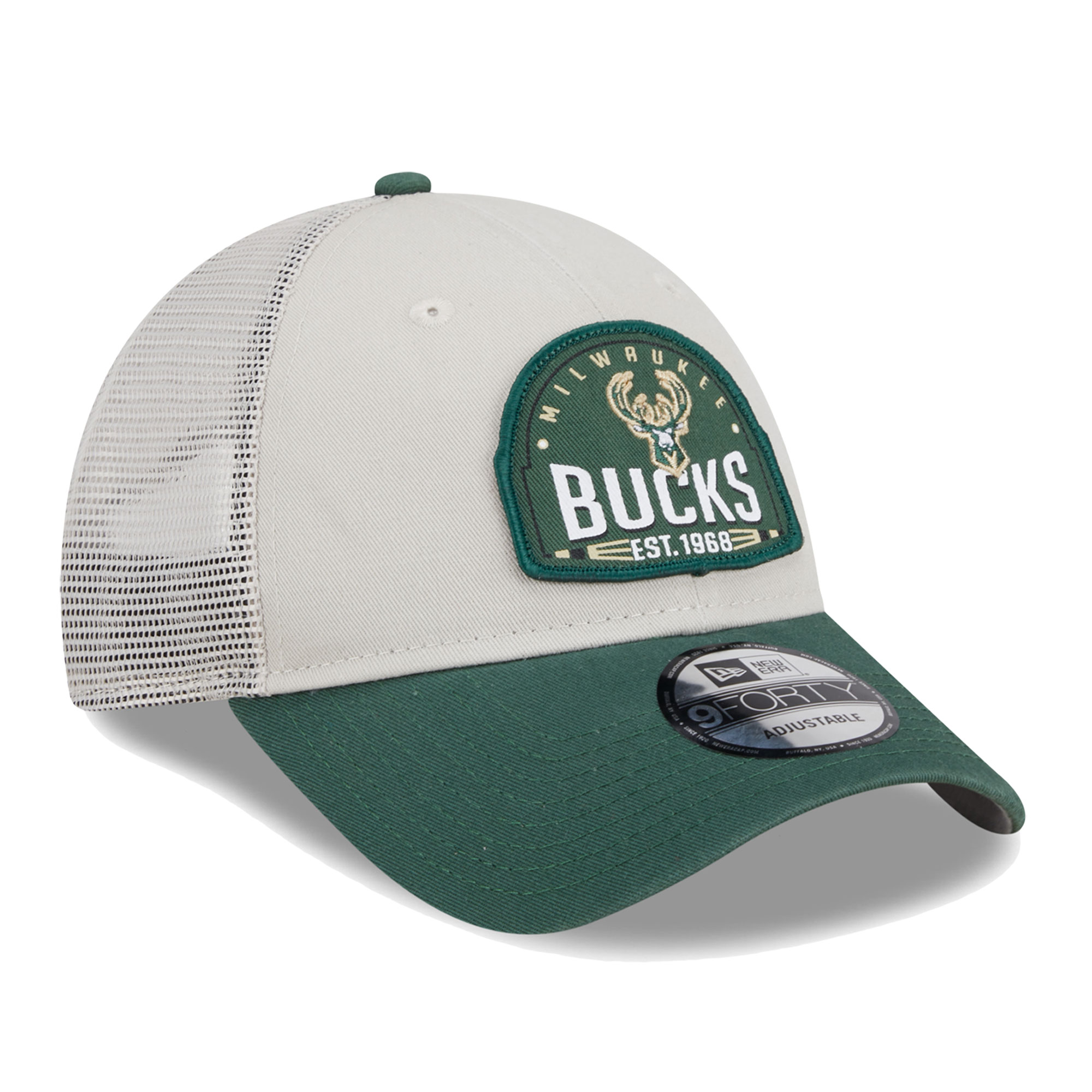 Men's New Era Khaki/Hunter Green Milwaukee Bucks Throwback Patch Trucker 9FORTY Adjustable Hat - Image 6