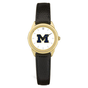 Women's  Gold Michigan Wolverines Black Leather Wristwatch