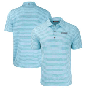 Men's Cutter & Buck  Heather Powder Blue Spelman College Jaguars Forge Eco Heathered Stripe Stretch Recycled Polo