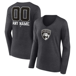 Women's Charcoal Florida Panthers Monochrome Personalized Name & Number Long Sleeve V-Neck T-Shirt