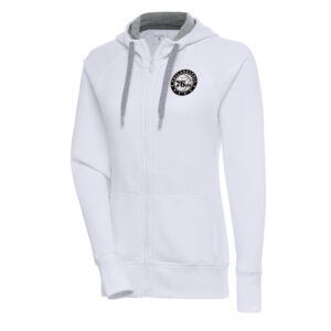 Women's Antigua  White Philadelphia 76ers Metallic Logo Victory Full-Zip Hoodie