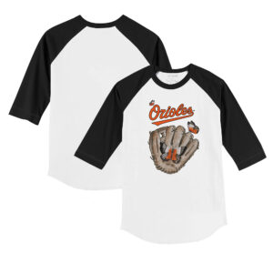 Youth Tiny Turnip White/Black Baltimore Orioles Butterfly Glove 3/4-Sleeve Raglan T-Shirt