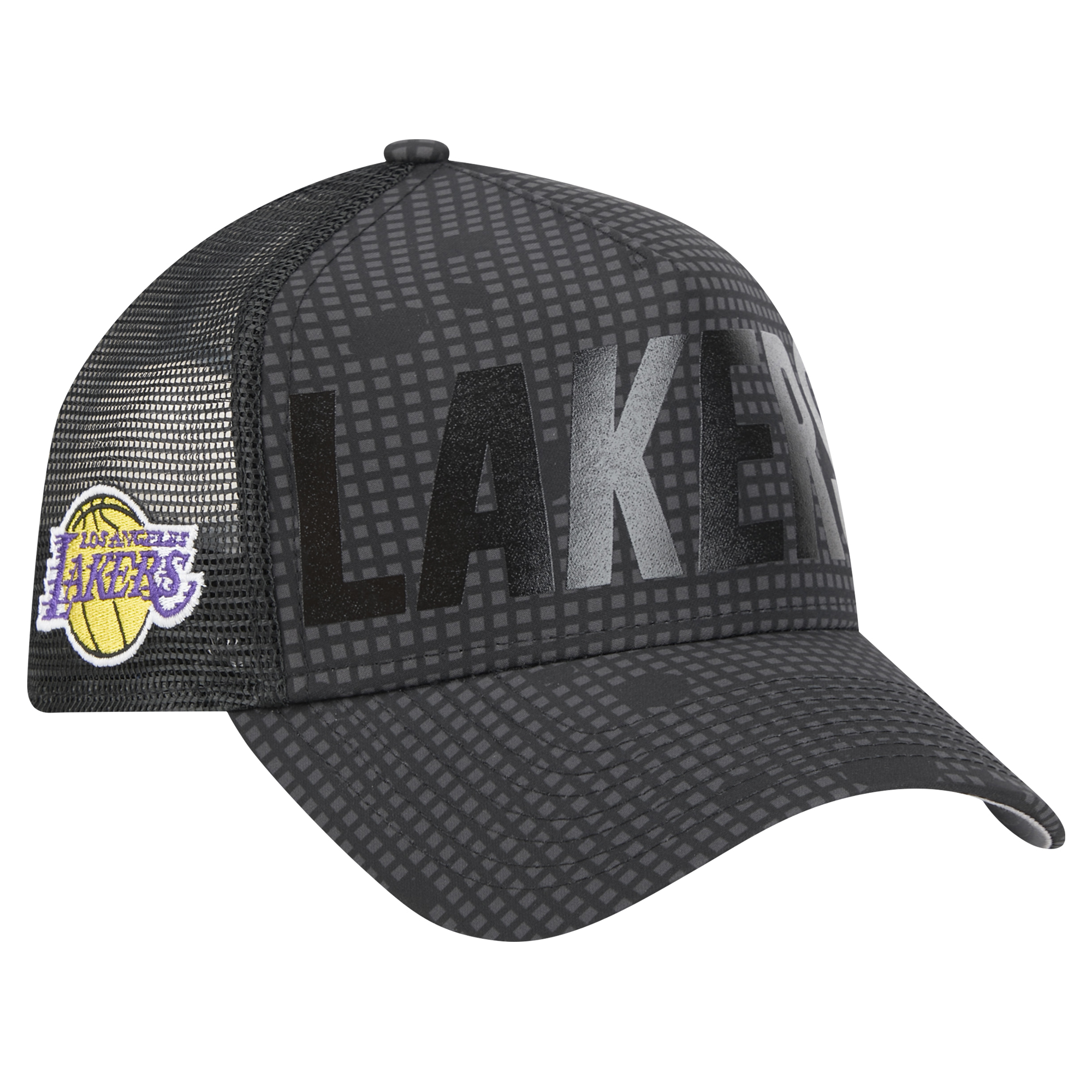 Men's New Era Black Los Angeles Lakers Midnight Ink Tonal A-Frame Trucker 9FORTY Adjustable Hat