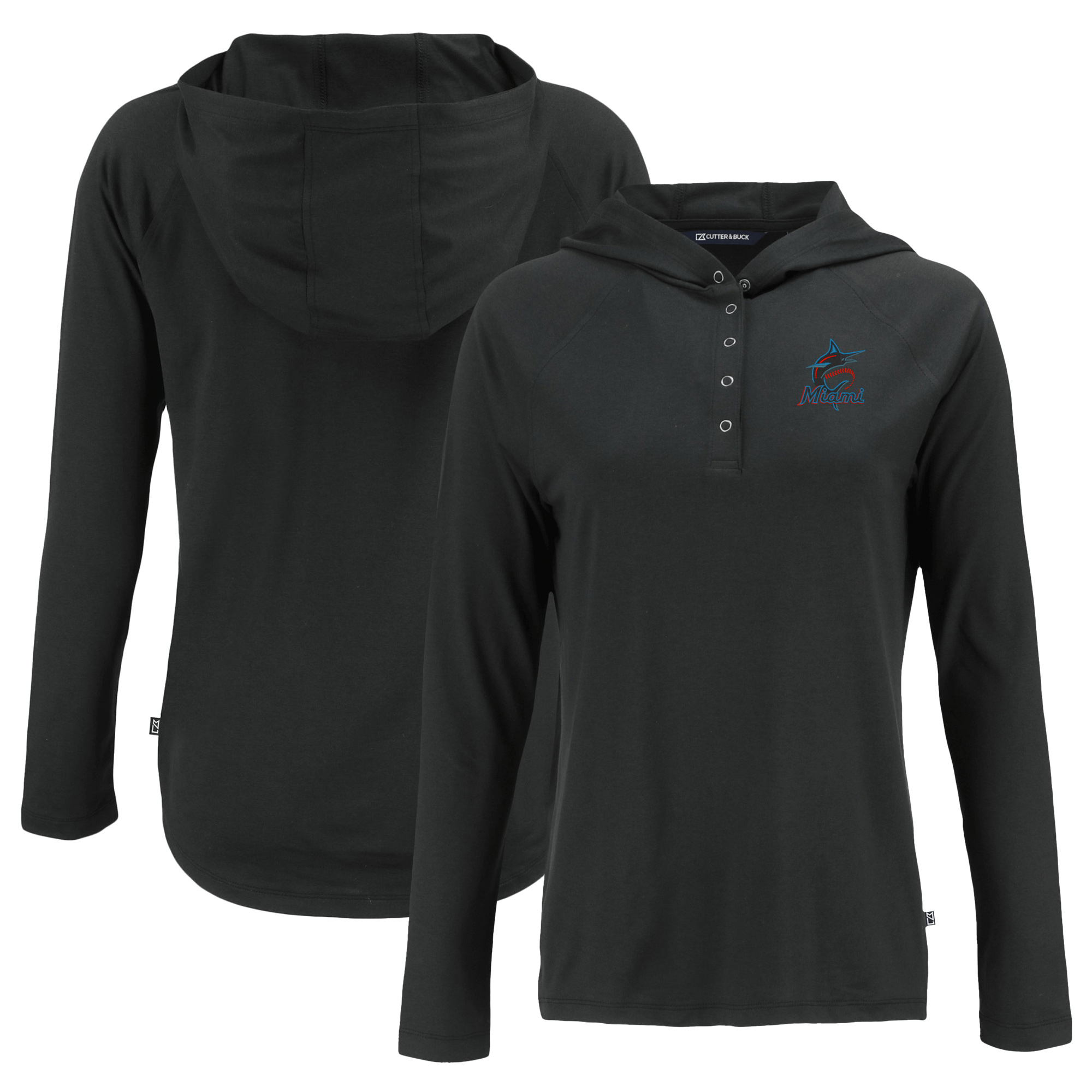 Women's Cutter & Buck Black Miami Marlins Coastline Epic Comfort Eco Recycled Hoodie Raglan Long Sleeve T-Shirt