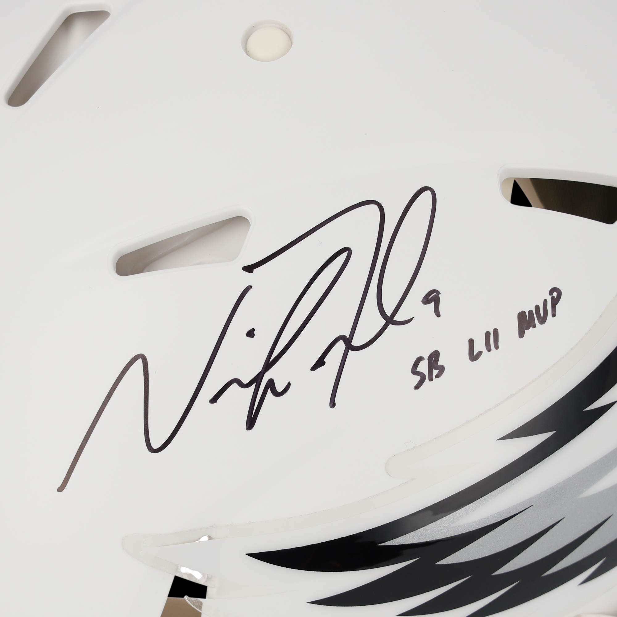 Nick Foles Philadelphia Eagles Autographed Riddell Flat White Alternate Revolution Speed Authentic Helmet with "SB LII MVP" Inscription - Image 3