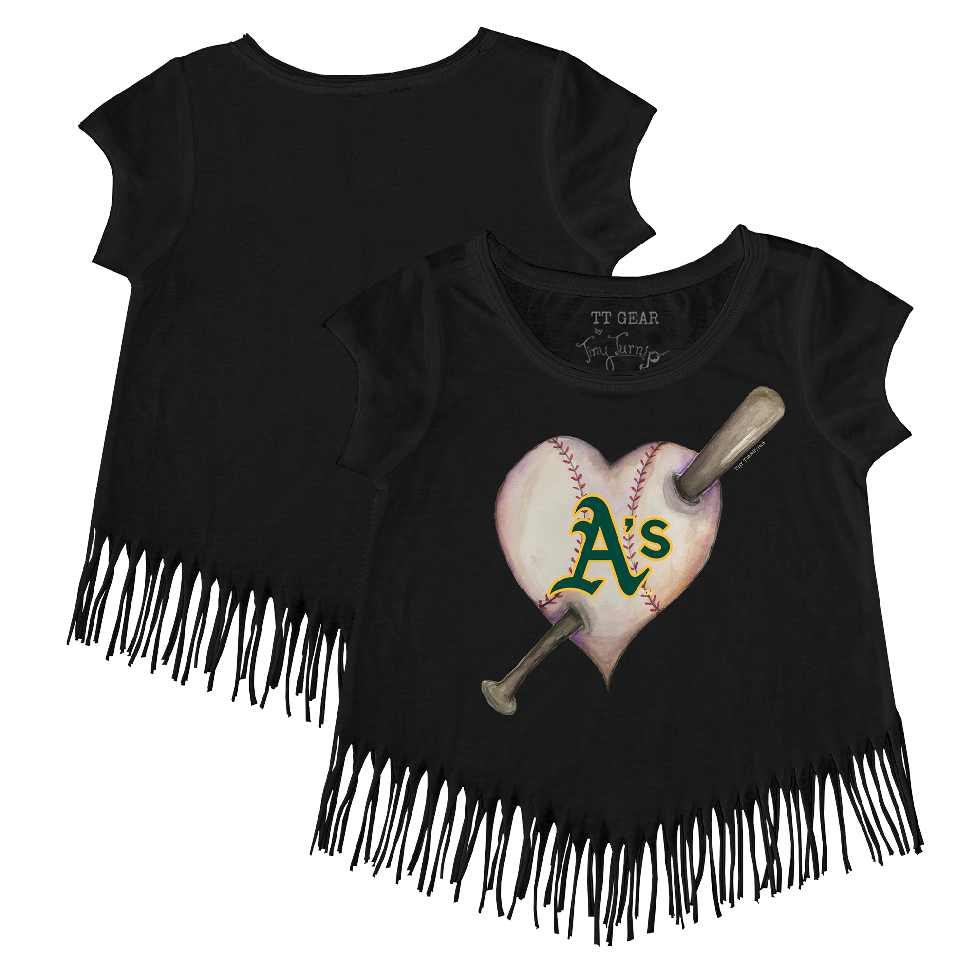 Girls Toddler Tiny Turnip Black Oakland Athletics Heart Bat Fringe T-Shirt - Image 2