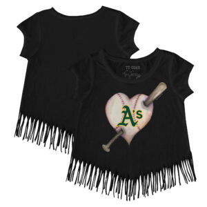 Girls Toddler Tiny Turnip Black Oakland Athletics Heart Bat Fringe T-Shirt