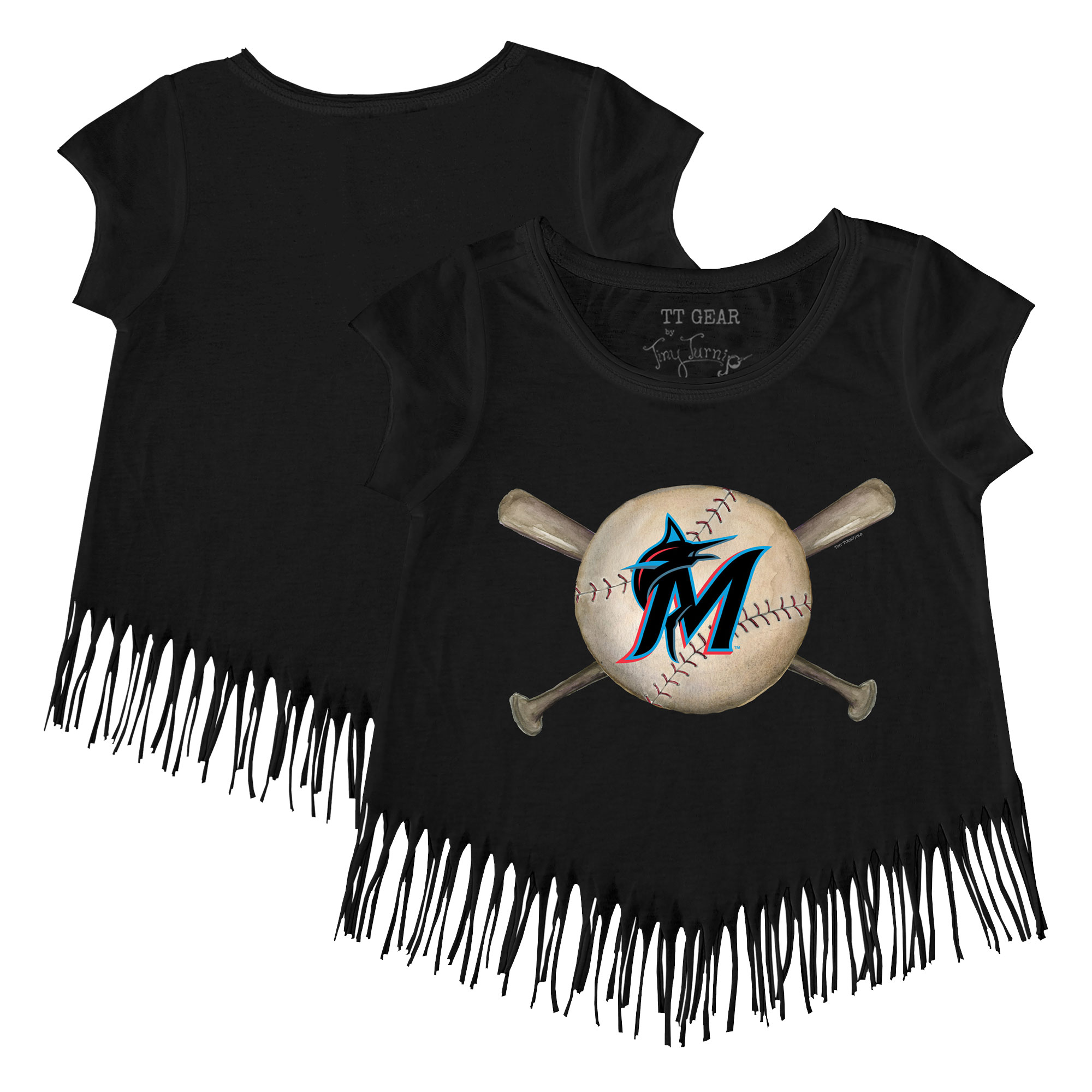 Girls Youth Tiny Turnip Black Miami Marlins Baseball Cross Bats Fringe T-Shirt