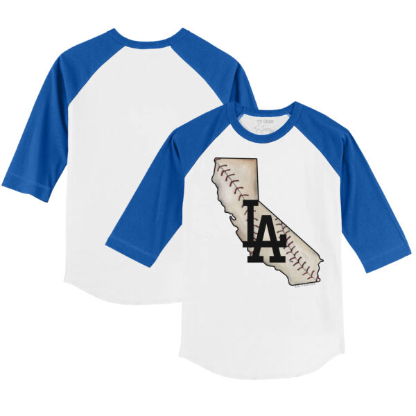 Youth Tiny Turnip White/Royal Los Angeles Dodgers State Outline 3/4-Sleeve Raglan T-Shirt - Image 5