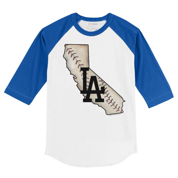 Youth Tiny Turnip White/Royal Los Angeles Dodgers State Outline 3/4-Sleeve Raglan T-Shirt - Image 6
