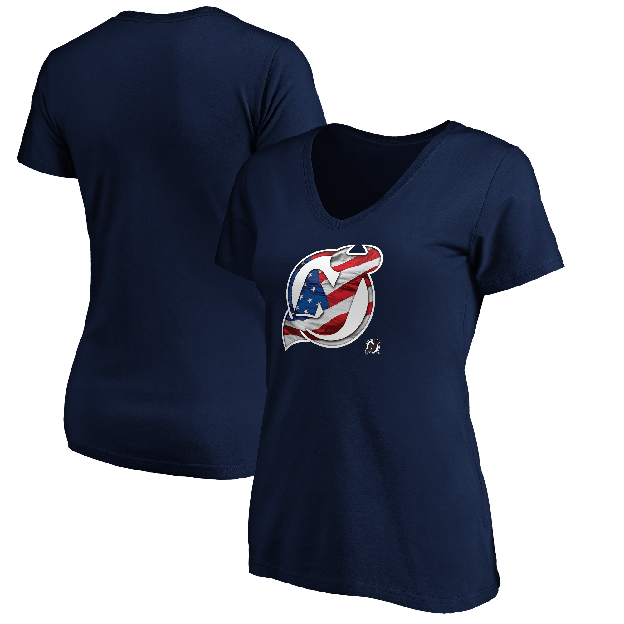 Women's Navy New Jersey Devils Banner Wave Logo V-Neck T-Shirt T-Shirt