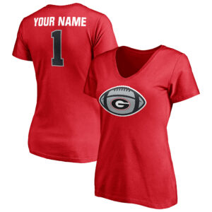 Women's Red Georgia Bulldogs Game Ball Football Personalized Name V-Neck T-Shirt