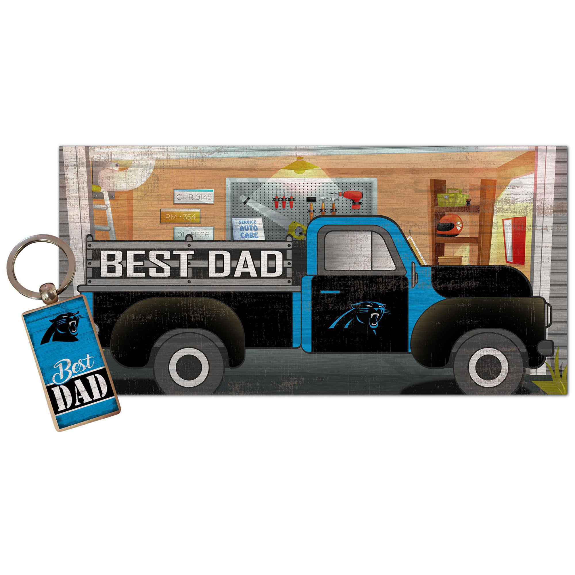 Carolina Panthers 6'' x 12'' Best Dad Truck Sign & Key Chain Bundle