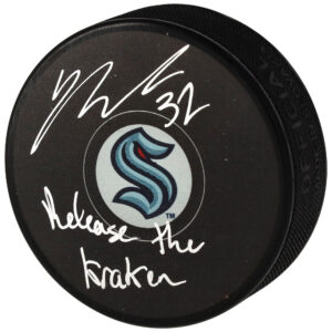 Yanni Gourde Seattle Kraken Autographed Hockey Puck with "Release The Kraken" Inscription