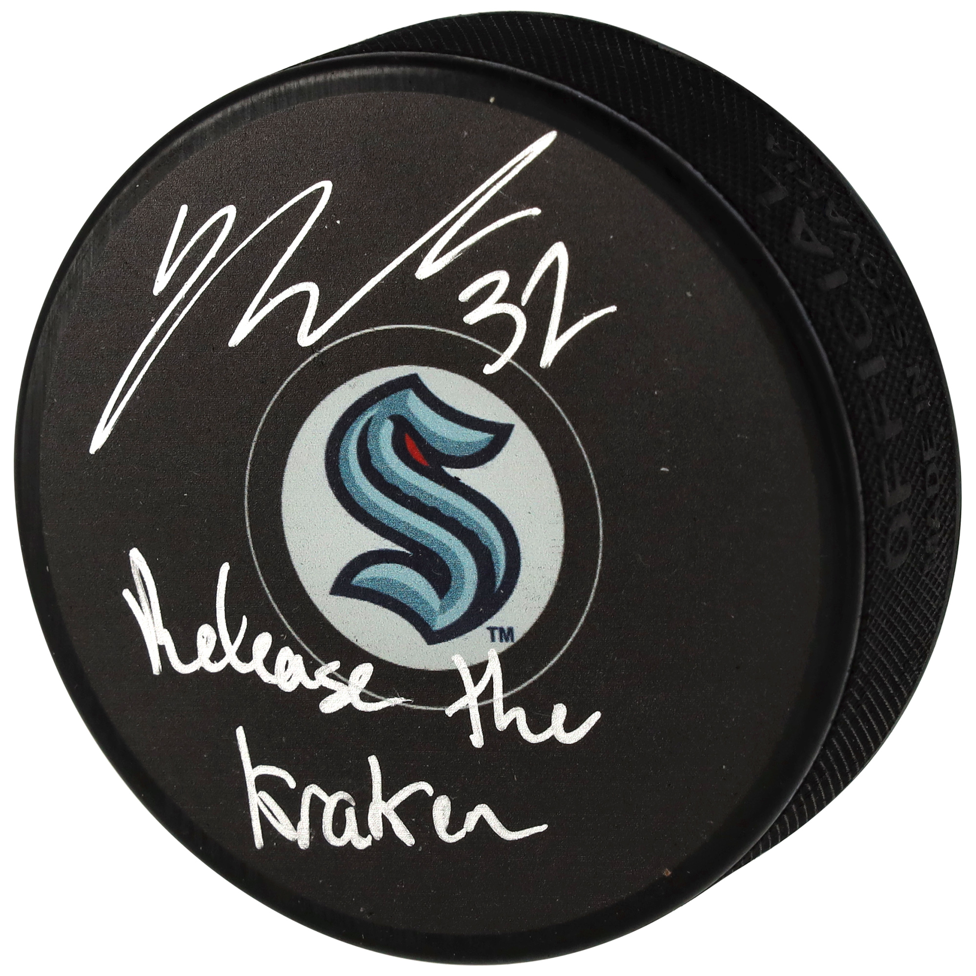Yanni Gourde Seattle Kraken Autographed Hockey Puck with "Release The Kraken" Inscription