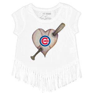 Girls Toddler Tiny Turnip White Chicago Cubs Heart Bat Fringe T-Shirt