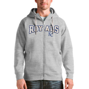 Men's Antigua Heather Gray Kansas City Royals Team Logo Victory Full-Zip Hoodie