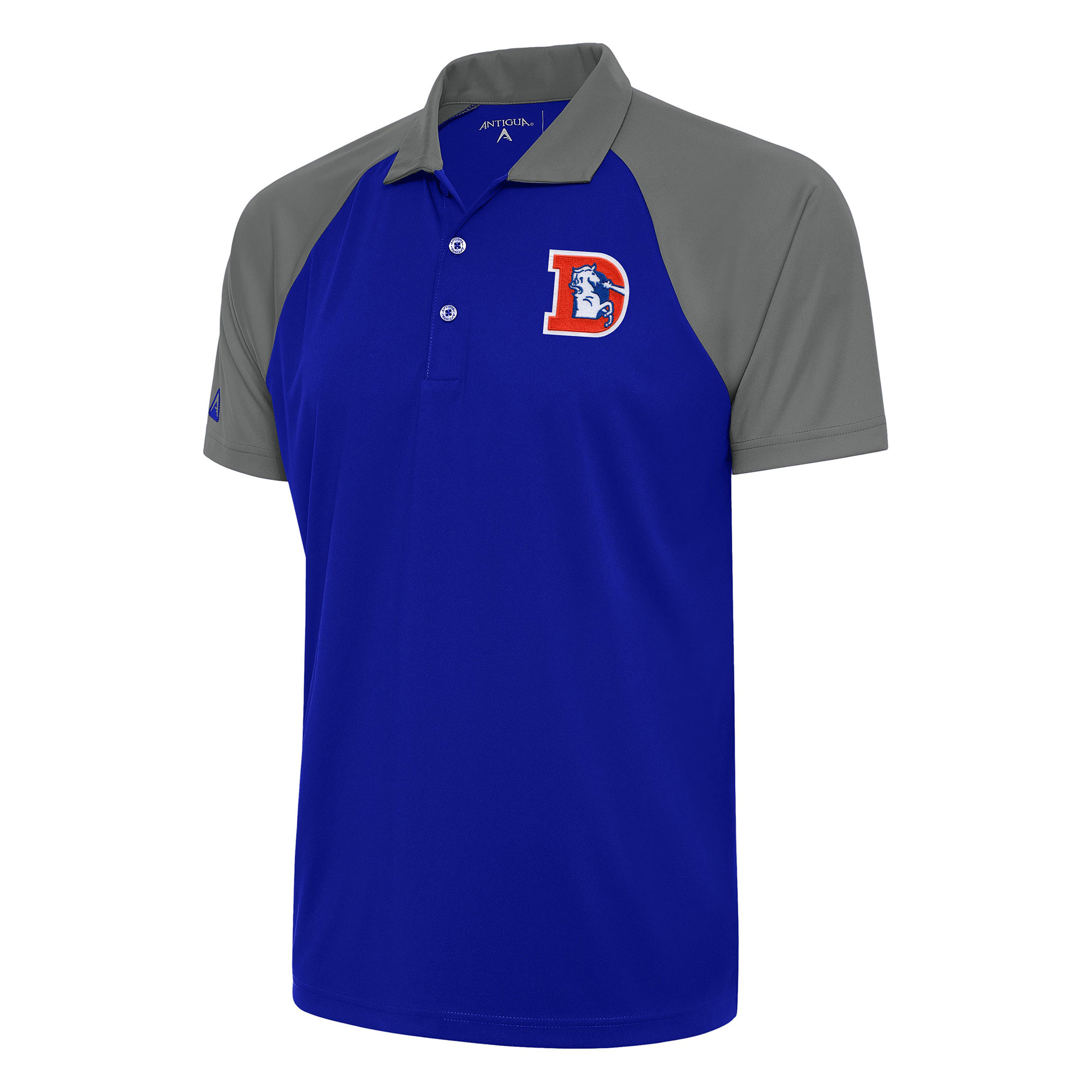 Men's Antigua Royal/Steel Denver Broncos Team Logo Throwback Nova Polo